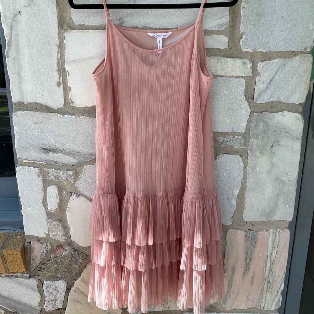 Blush Pink Flower Summer Dress. Tiered Crinkled Mesh Poly